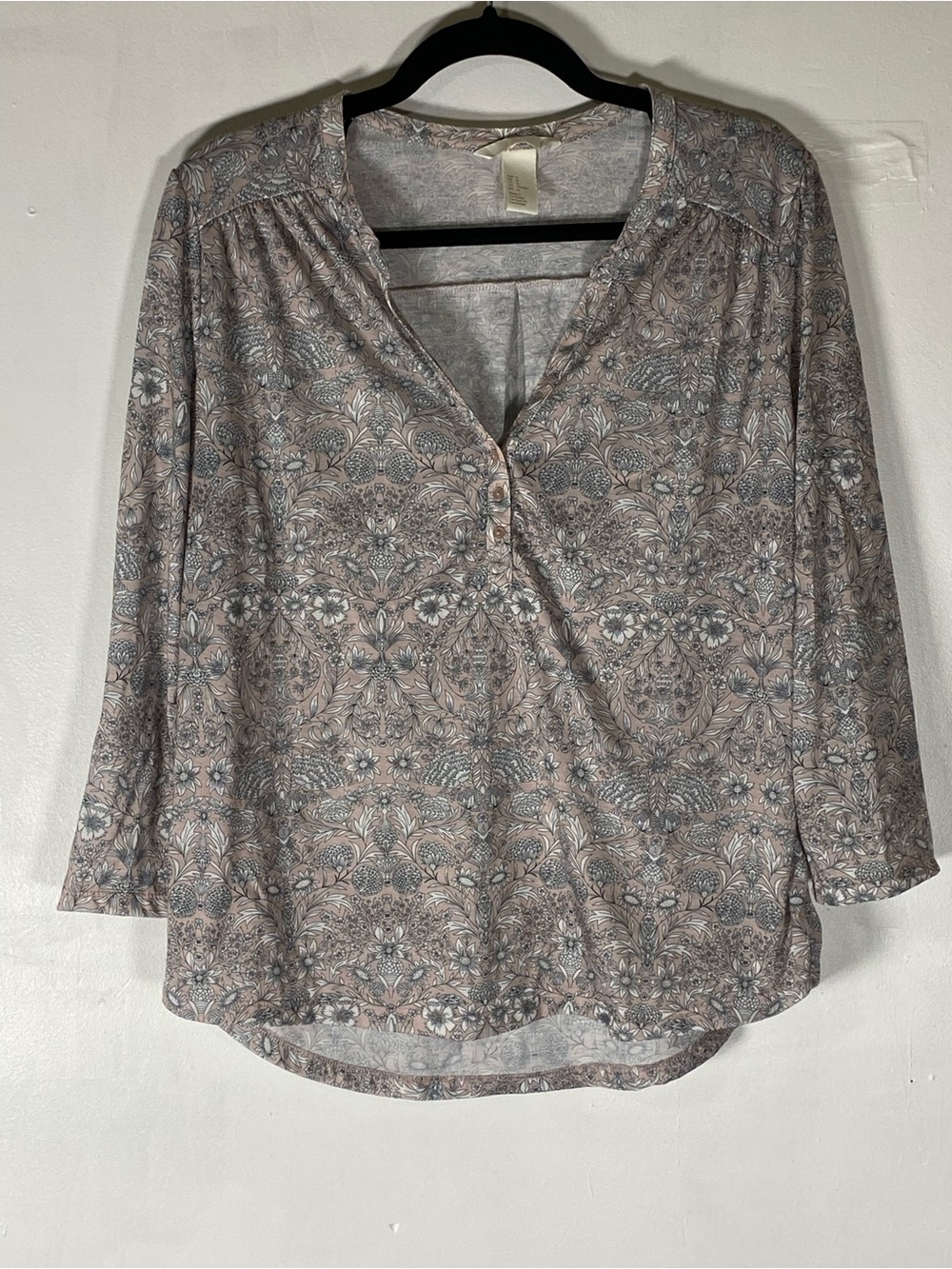 H&M Pink Grey Floral Blouse White Flowers Boho Romantic High Low Medium